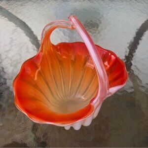 Murano Italy Handblown Glass Art Orange & White Decorative Bowl Basket